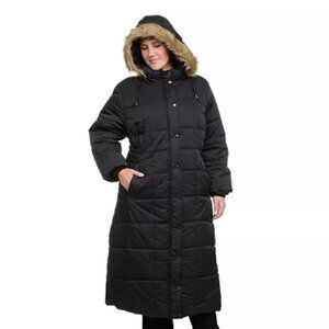 EXCELLED COLLECTION Women’s Black Quilted Puffer Hooded Faux Fur Long Coat 2X
